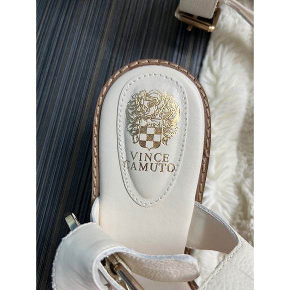 👟Vince Camuto Women White Pebbled Leather Gold Block Heel Buckle Sandals Size11 - Picture 10 of 10